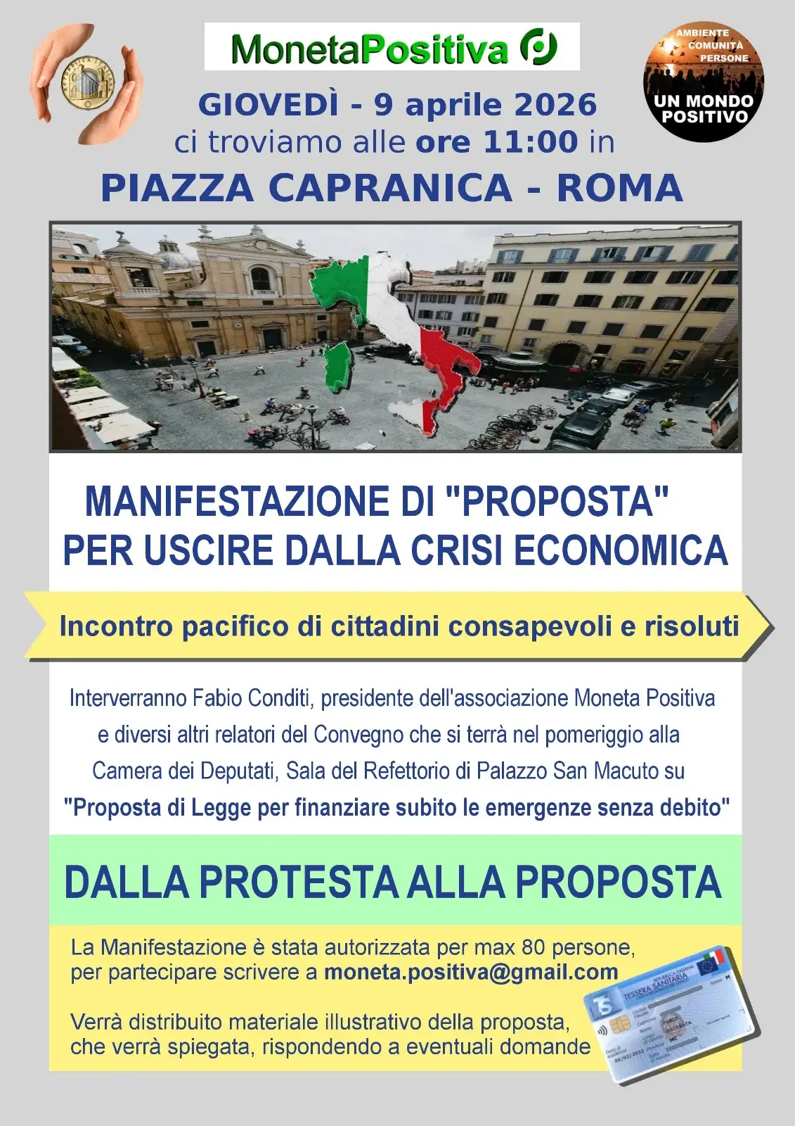 Locandina manifestazione Piazza Capranica Roma 9 aprile 2026 Moneta Positiva